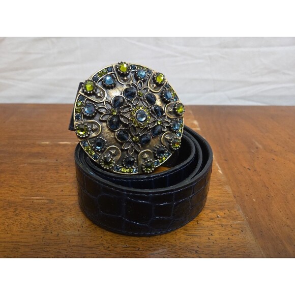 JANA KOS Belt Rhinestone Design Buckle Reptile Croc Embossed Pattern Black Sz 32 - Picture 1 of 4